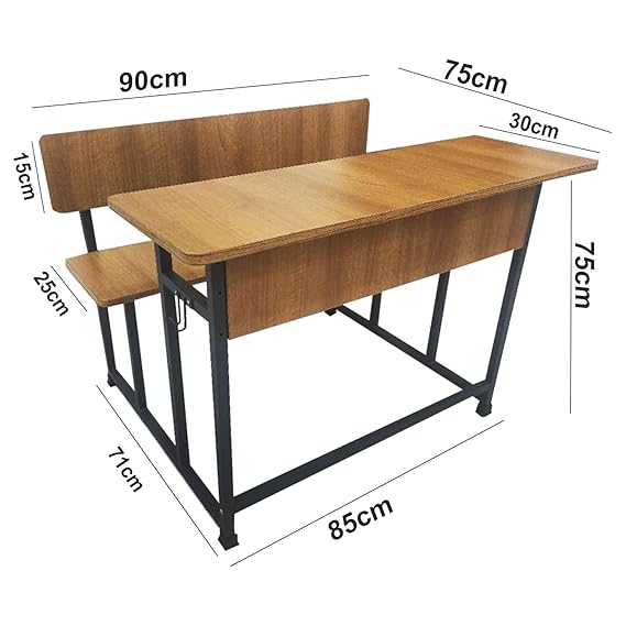 Double Student Bench with Back Support Desk - Sturdy Cast Iron Frame with Pre-lam Particle Board Top