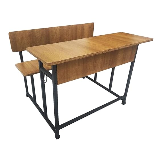 Double Student Bench with Back Support Desk - Sturdy Cast Iron Frame with Pre-lam Particle Board Top