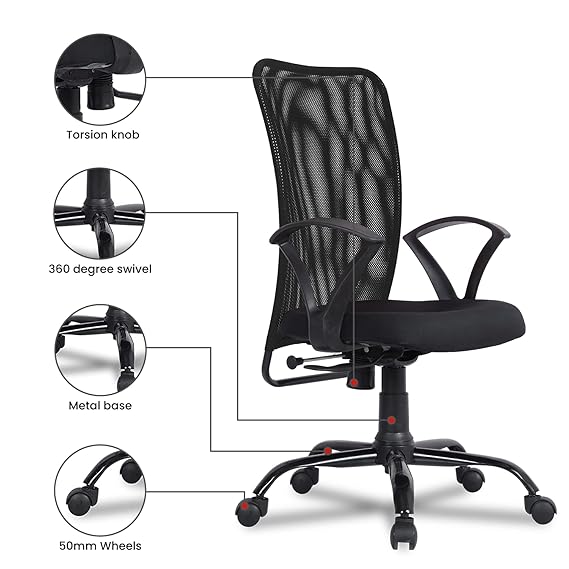 Mid Back Mesh Ergonomic Home Office Desk Chair with Comfortable & Spacious Seat, Rocking-tilt Mechanism & Heavy Duty Metal Base (Smart Black)