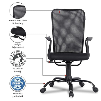 Mid Back Mesh Ergonomic Home Office Desk Chair with Comfortable & Spacious Seat, Rocking-tilt Mechanism & Heavy Duty Metal Base (Smart Black)